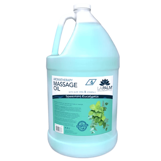 La Palm Massage Oil Spearmint Eucalyptus, With Aloe Vera and Vitamin E. 1 Gallon